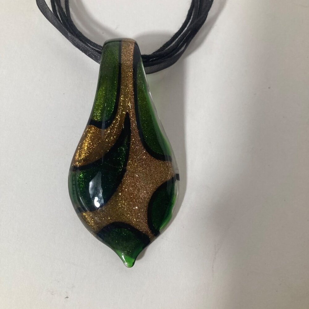 Dichroic Glass Choker Necklace Teardrop‎ Green Black Gold 8"